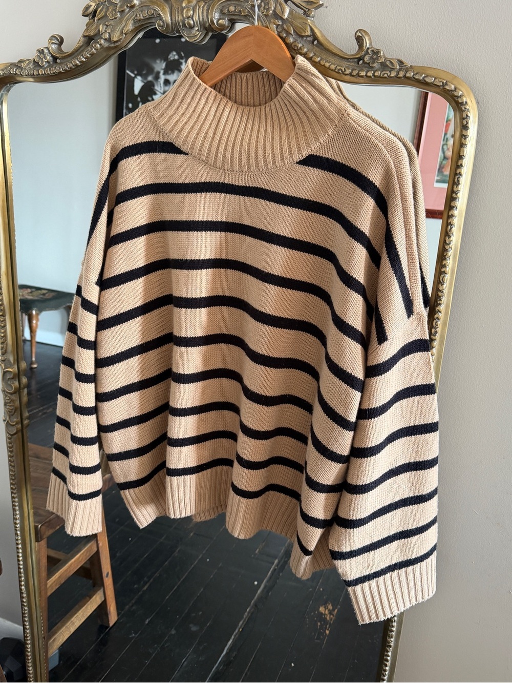 WeWoreWhat Beige & Black Striped Turtleneck Sweater